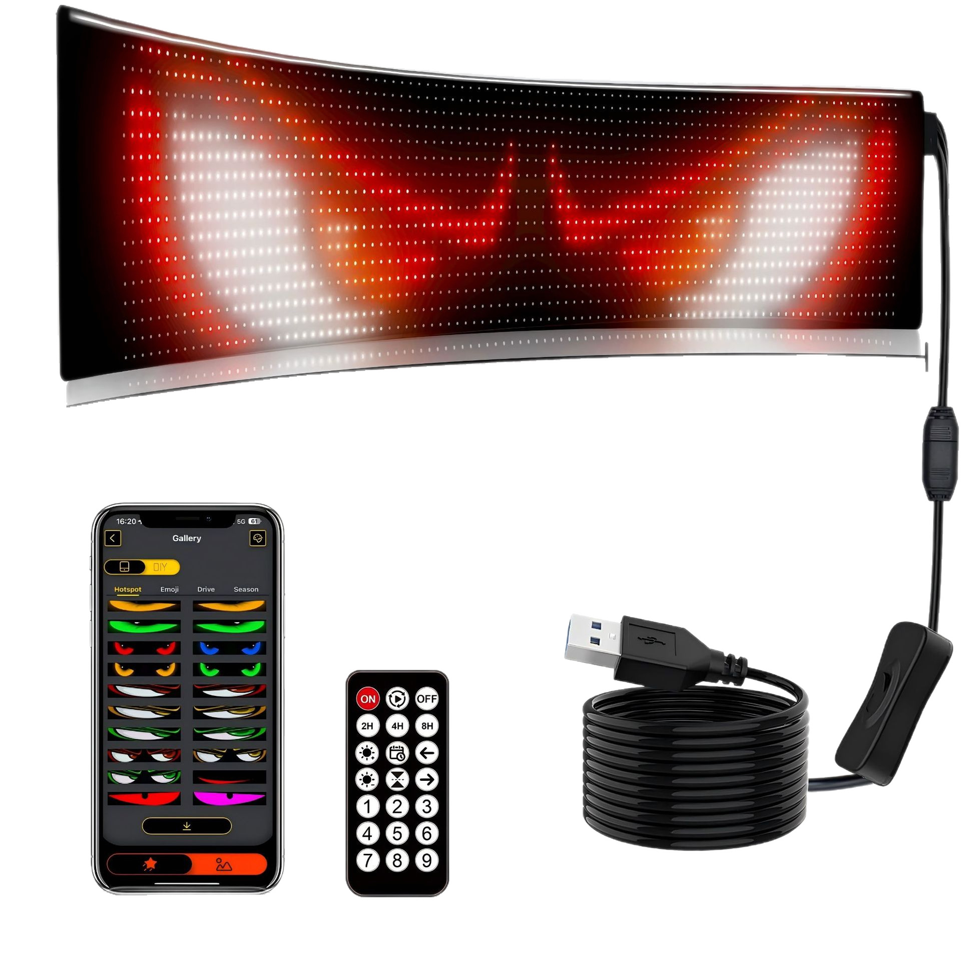 Pantalla LED Flexible para Ventana de Coche, Pantalla Publicitaria USB, Pantalla de Ojos de Diablo para Ventana con Bluetooth, Editable por Aplicación