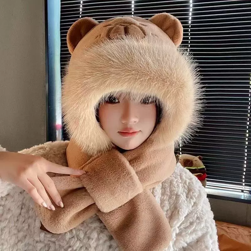 可爱卡皮巴拉帽子围巾二件套女秋冬卡通毛绒水豚保暖防风围脖一体