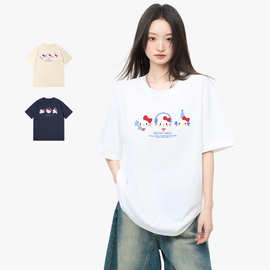 休闲风纯棉短袖t恤女2025夏季美式潮流宽松半袖体恤衫百搭女上衣