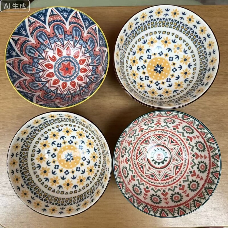 Bohemian Tableware, Home Dining Plates, High Aesthetic Rice Bowls, Japanese-Style Trays, Bowls and Plates, Ceramic Underglaze Colored Bowls