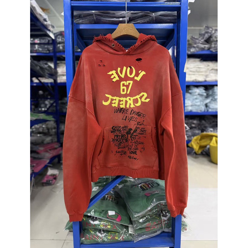 PALY Hollywood distressed letter print hooded sweatshirt for men and women, loose fit, washed and distressed, fleece-lined, trendy jacket