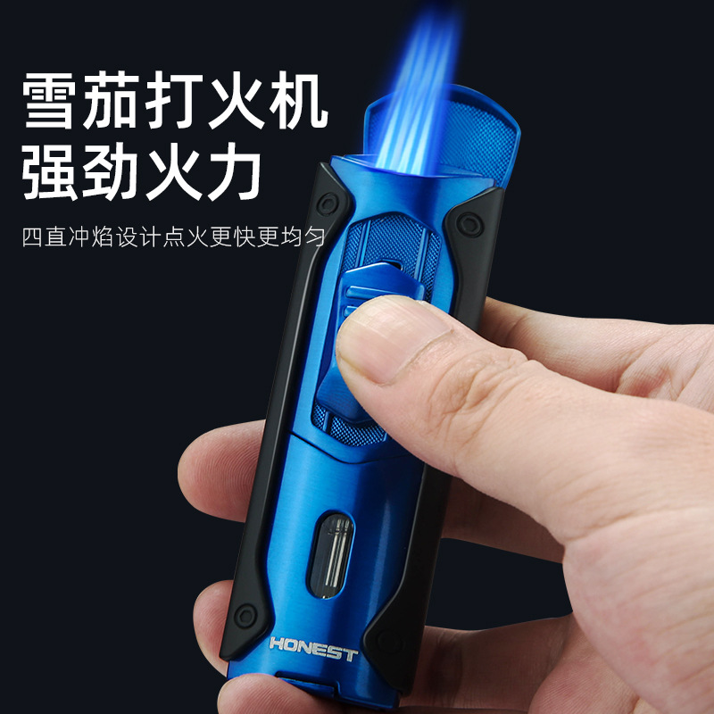 百誠個性多功能四直衝藍火充氣打火機金屬配雪茄鑽觀氣窗禮品批發