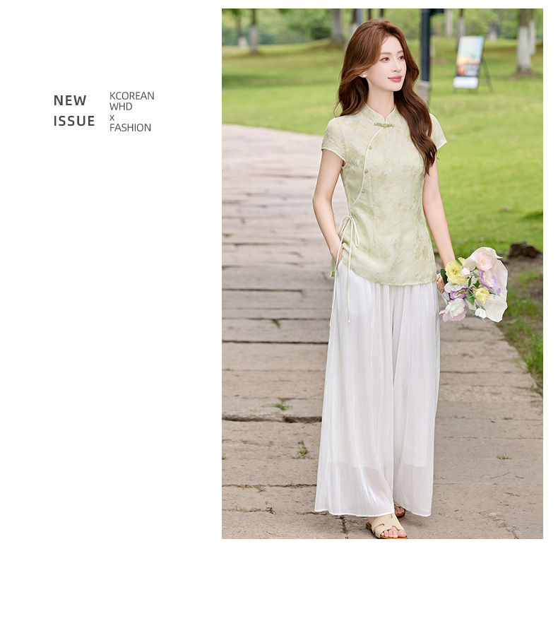 Bộ áo sơ mi cổ đức in họa tiết kết hợp quần dài hai mảnh nữ thời trang — Xanh lá cây nhạtcolor, Vàng nhạt chi tiết 27