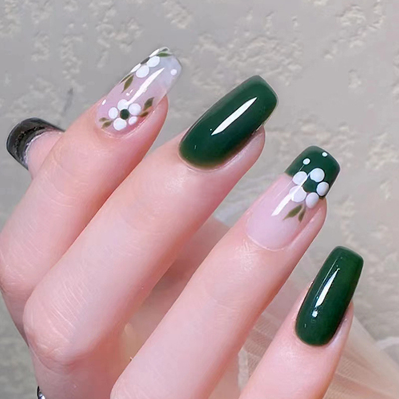 Long Ballet Fresh Green Tea Wear A Camellia Nail Pieces Finished Nail Pieces False Nail ins 24 Pieces Pack