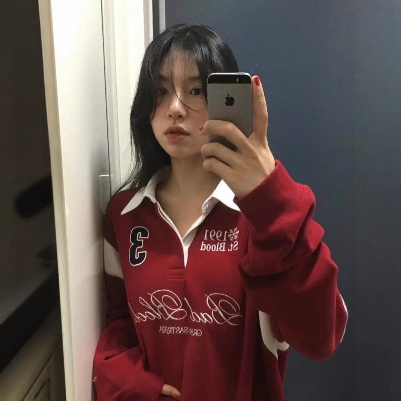 韩国Badblood美式复古拼接撞色贴布刺绣3号球衣长袖polo领卫衣女|undefined