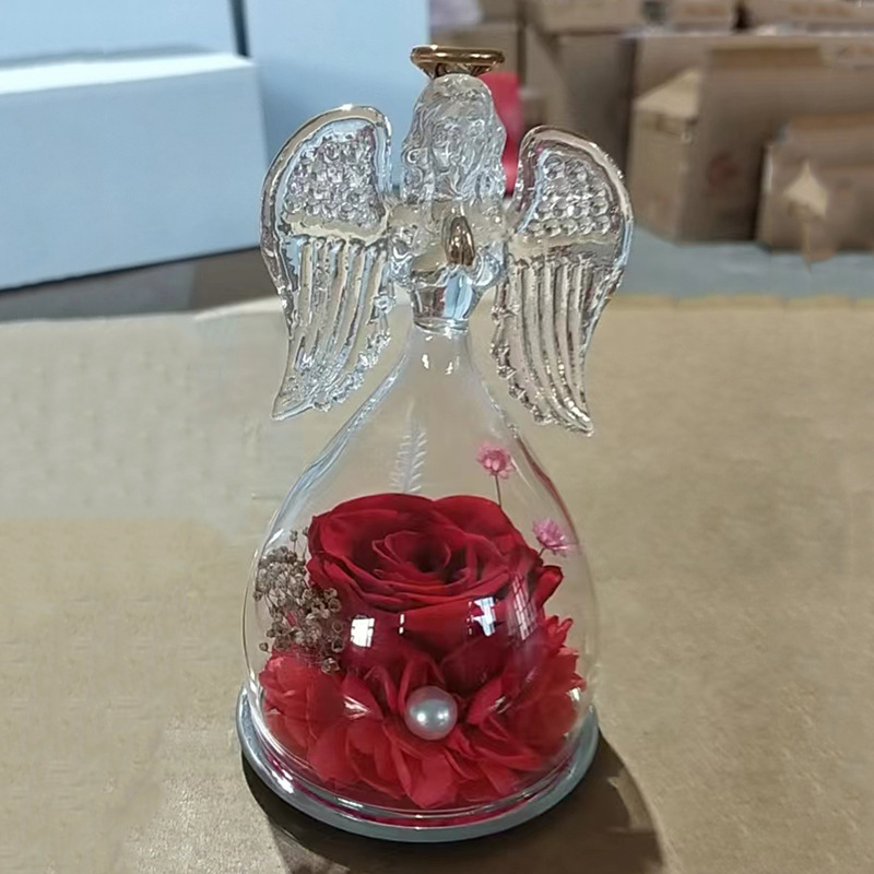 Cross-border inmortalidad rosas ángel pequeño cubierta de vidrio decoración día de San Valentín Navidad caja de regalo de cumpleaños flores reales