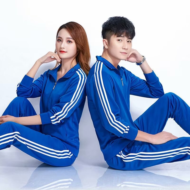 Nueva pareja personalizada trajes deportivos uniformes escolares masculinos y femeninos chaqueta de algodón tres barras casuales dos piezas juego al por mayor