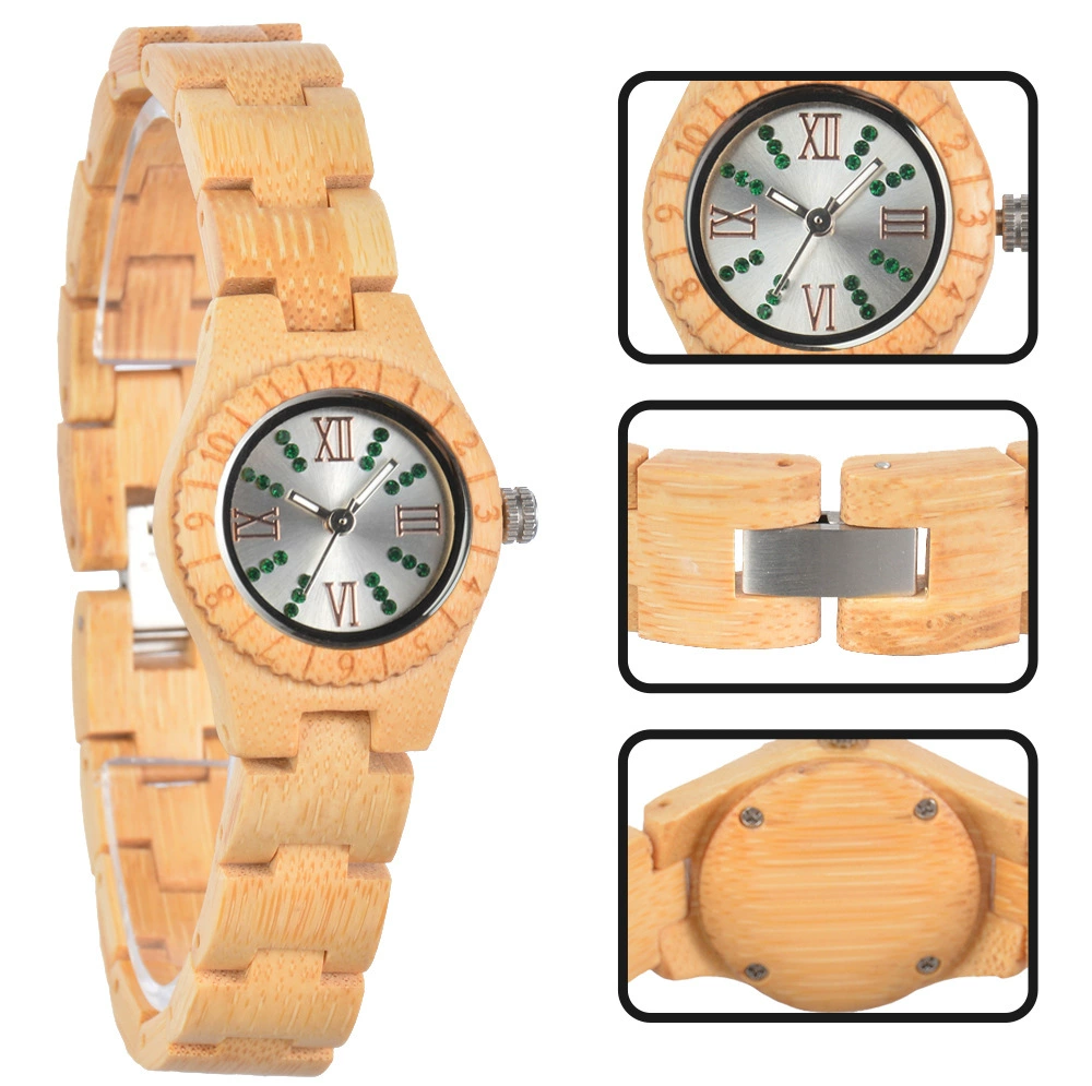 Crystal Polish Dial Women Slim Watch Wood Clock Casual Adjustable Quartz Fashion Wooden Bracelet Watch Women's Wrist Reloj Mujer
