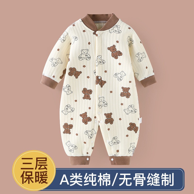 婴儿夹棉连体衣宝宝春秋冬款打底加厚新生儿衣服薄棉秋装宝宝保暖