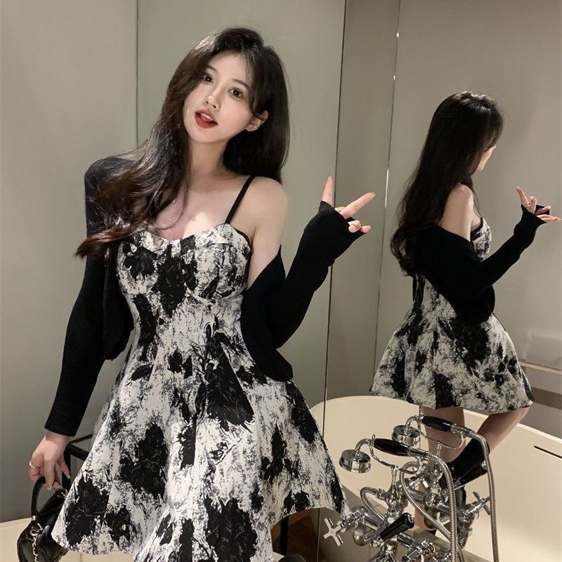 Pure Desire Feng Shui 잉크 서스펜더 드레스 정장 여성 핫 소녀 태양 보호 얇은 카디건 재킷 슬리밍 잉크 짧은 스커트