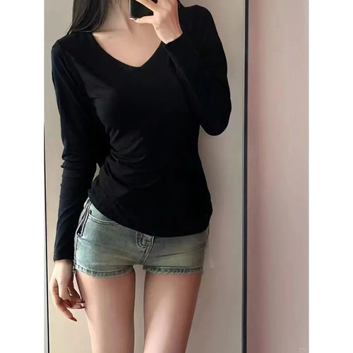 American-style spicy V-neck plush long-sleeved T-shirt for women, 2025 new autumn top for layering, basic undershirt top