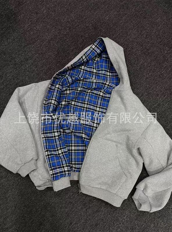 小众跨境套头卫衣批发春秋季格纹潮流美式复古宽松连帽衫|undefined