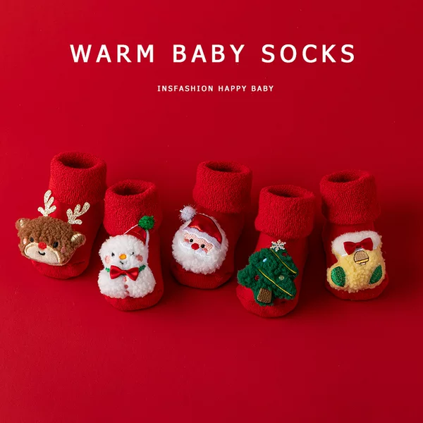 New baby baby autumn and winter fleece-lined thick warm red New Year Christmas non-slip toddler floor socks