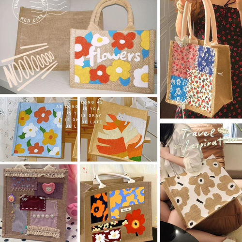 DIY Jute Cloth Tote Bag Hand-painted Hessian Bag Hand-drawn Canvas Bag Painting Coloring Hand-held Linen Bag