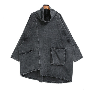 European Station Fashion Spring New High Collar Turtleneck Wash Sweater Diablo Style Distinctive plus size Irregular Denim Shirt