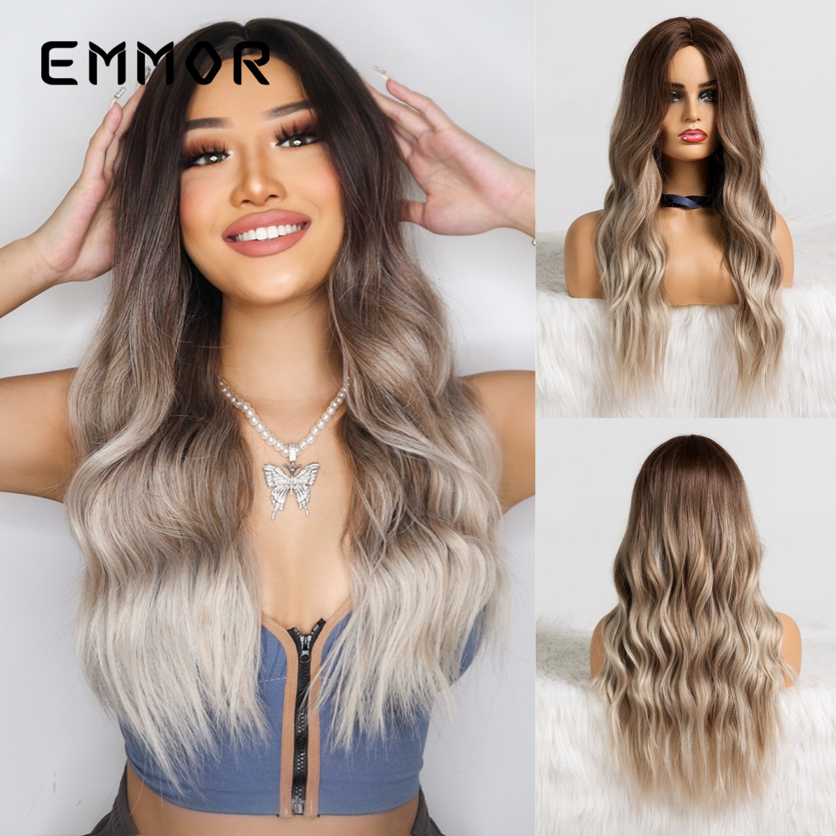 Nuevo estilo transfronterizo estilo europeo y americano wigs cabello largo y rizado gradiente gris marrón seda de alta temperatura peluca de fibra química cubierta completa