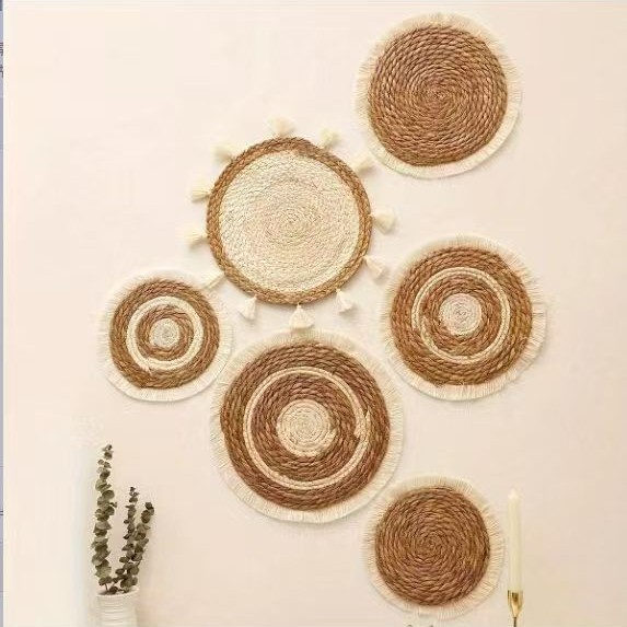 Juego de cesta de pared bohemia, decoración de paja tejida a mano para entrada, sala de estar y B&B, adornos colgantes