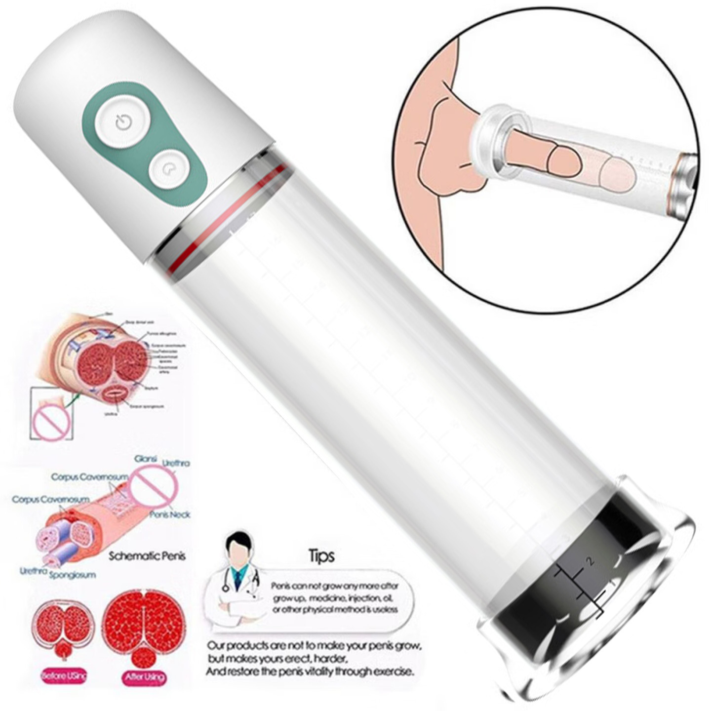 Negative Pressure Penis Pump Trainer, Manual Vacuum Exerciser, White Plastic — detail image 3