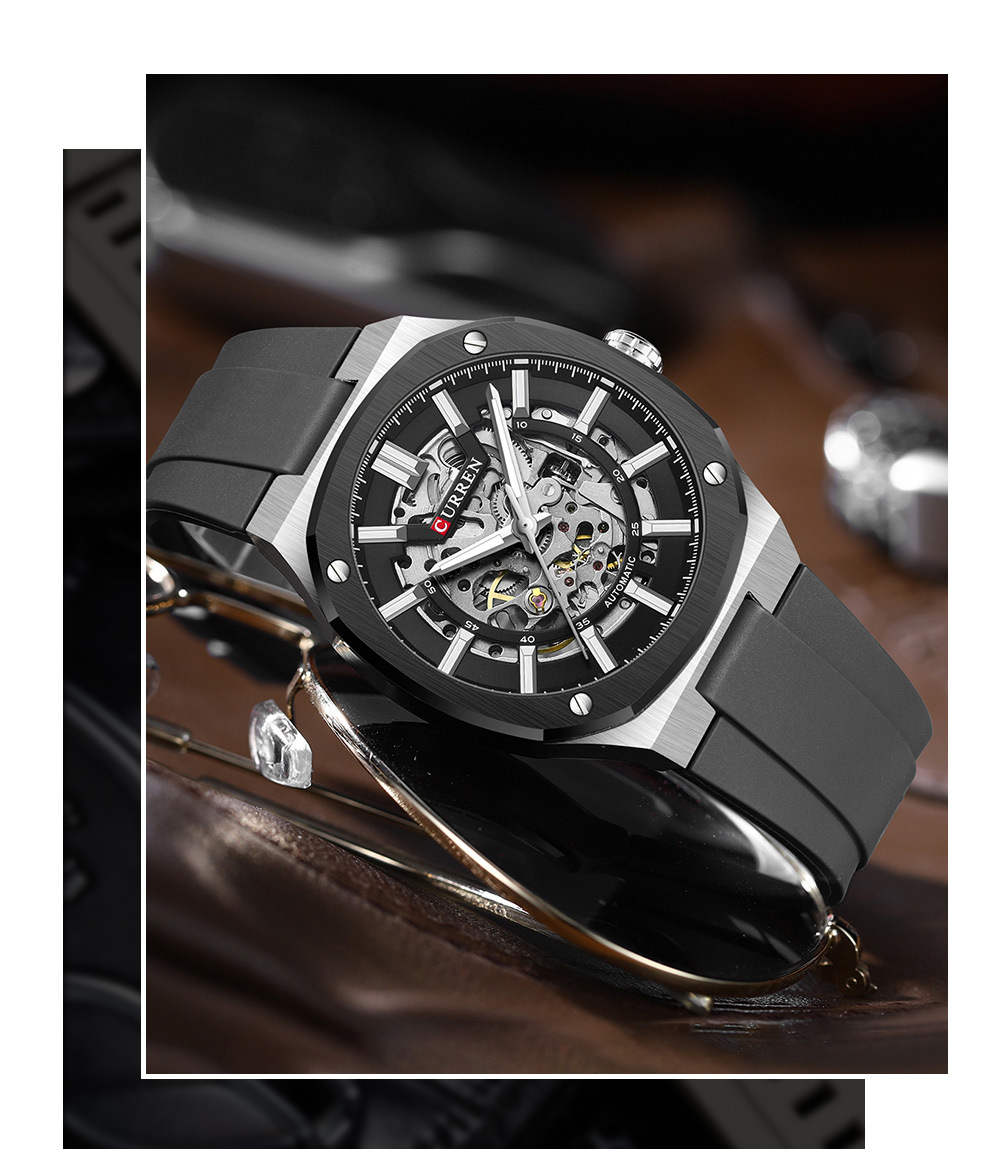 Curren 8485 Skeleton Automatic Mechanical Watch For Men Sports_voghion.com