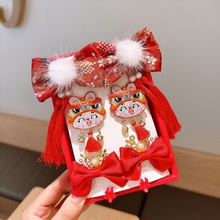 兒童新年發夾不傷發女童過年禮盒紅色頭飾中國風唐裝寶寶發飾套裝