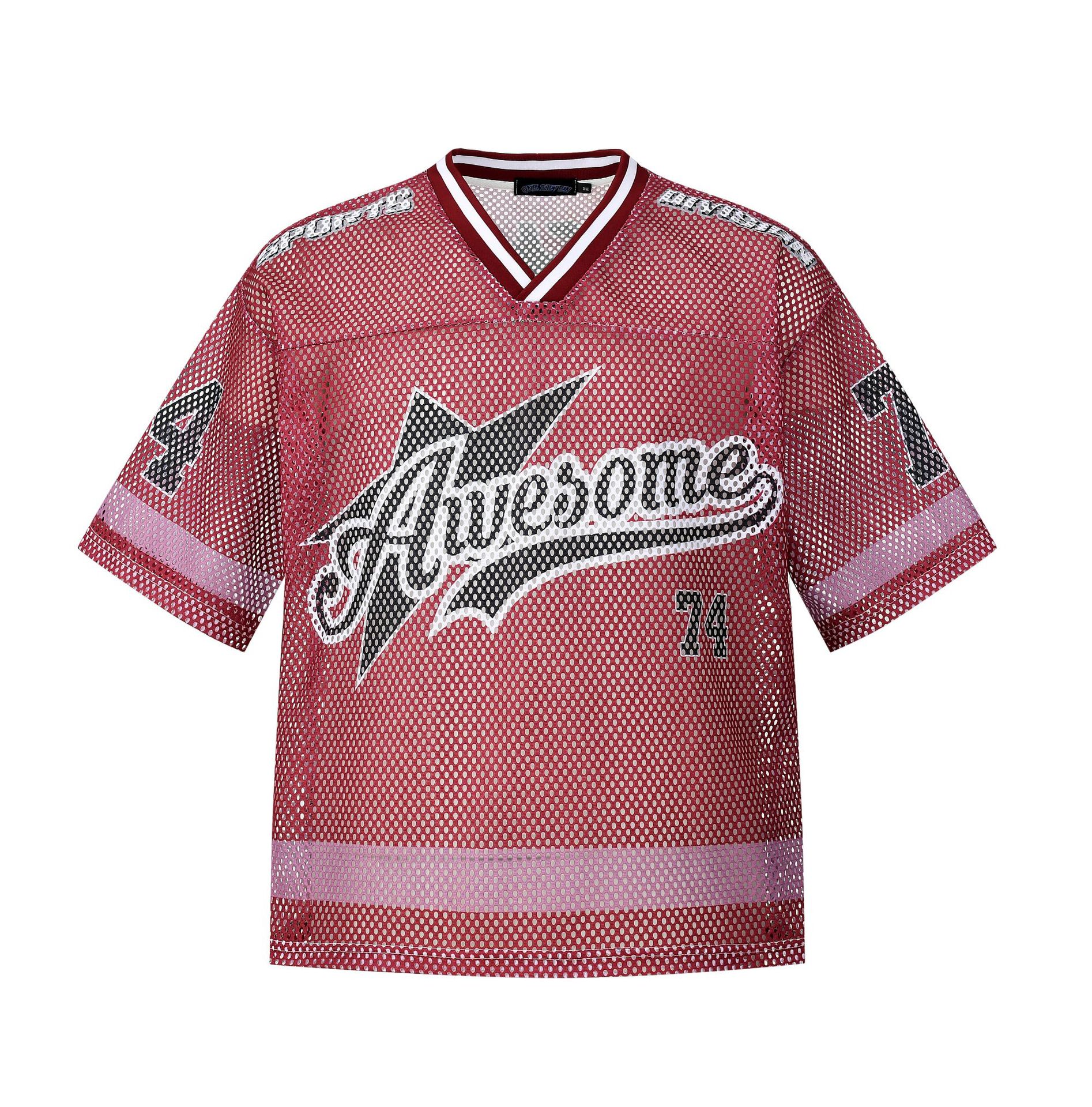Men's Cross Border American Retro V Neck Sports Jersey Basketball Casual T-Shirt Color Blocked No. 77 Mesh Short Sleeved Letter Print_voghion.com