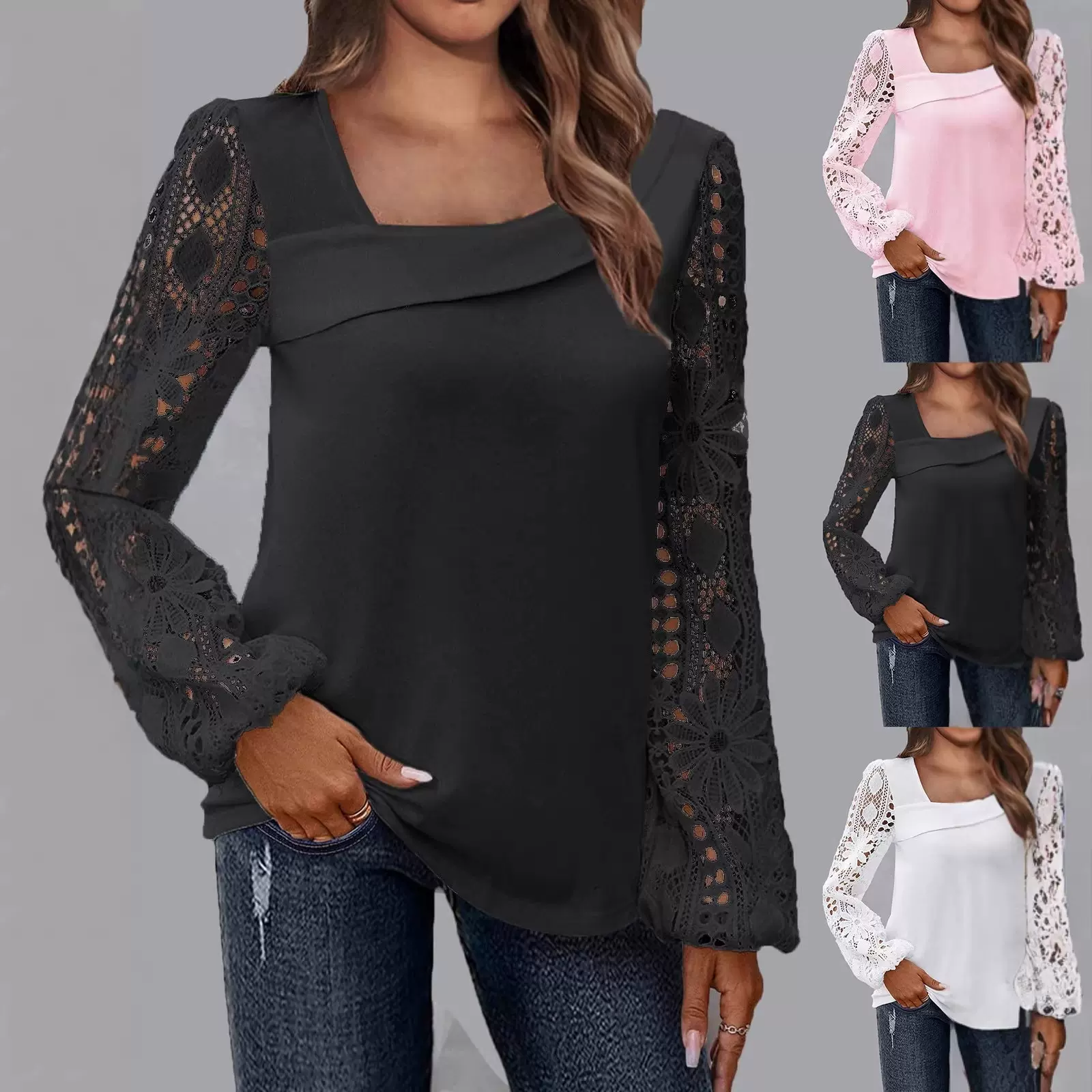 亚马逊欧美外贸女装2024春秋时尚优雅新款蕾丝拼接针织衫百搭上衣