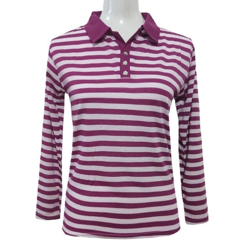 Middle-aged and elderly women's lapel tops casual mother's clothing spring and autumn striped T-shirt women's long-sleeved T-shirt base shirt