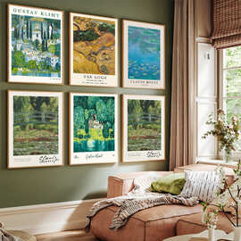 莫奈绿色风景北欧复古客厅装饰画ins风沙发背景墙挂画艺术组合画