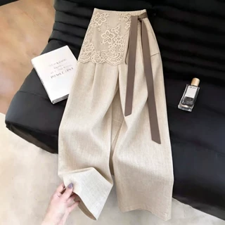 原麻色蕾丝屁帘绑带西装裤女2026夏季新款显瘦时尚亚麻裤直筒裤子