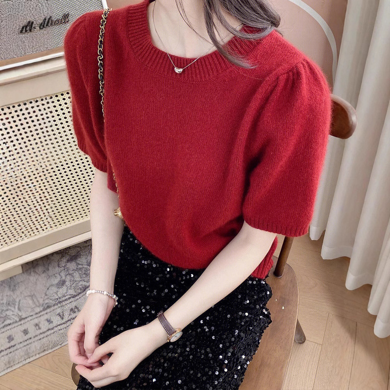Thin French Round Neck Spring and Summer Worsted Wool Knit Half-sleeved Top Solid Color High-grade Loose Short-sleeved T Base