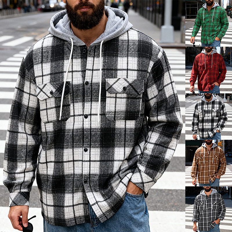 Cross-Border 2025 European and American New Spring and Autumn Men's Hooded Flannel Plaid Button Shirt Jacket Versatile Casual
