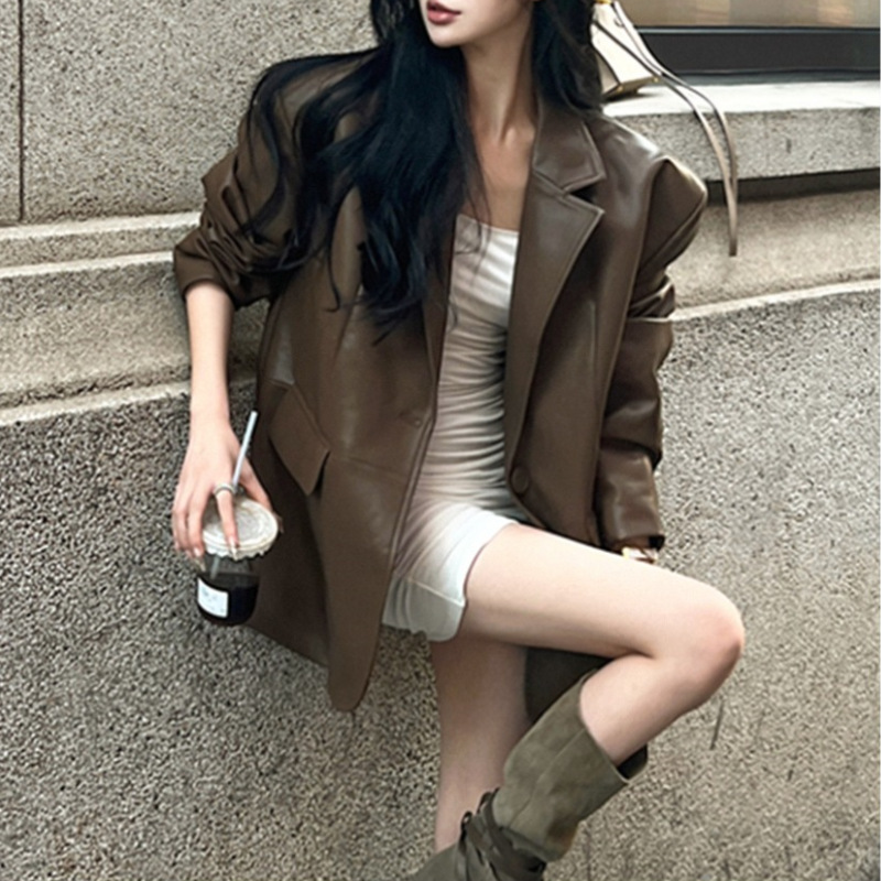 High-grade black leather jacket leather suit jacket women's autumn and winter PU leather motorcycle jacket mid-length loose