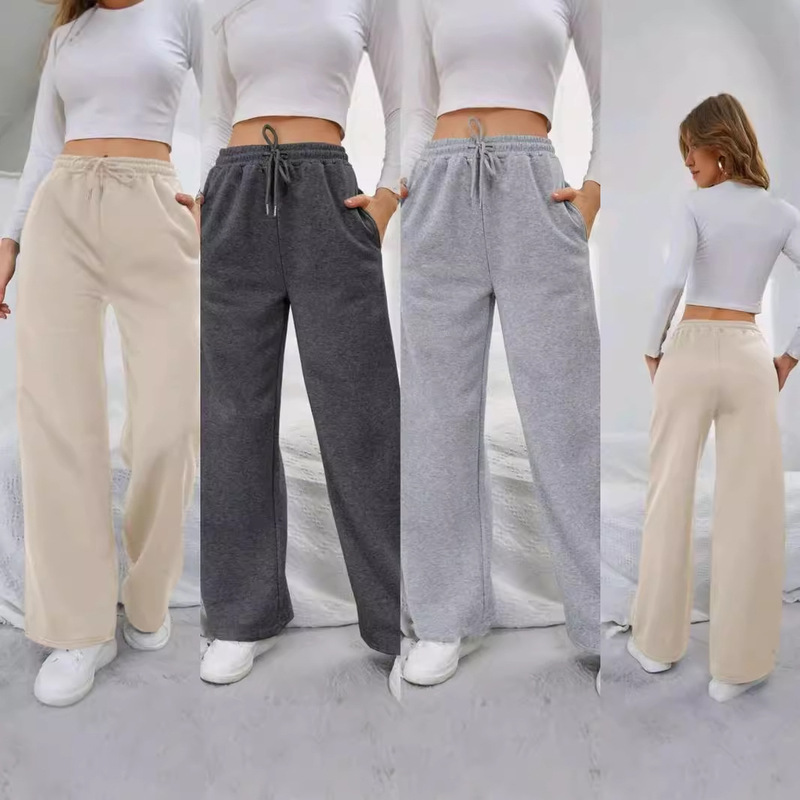 Cross-border Amazon Best Selling European and American Women's Solid Color Pocket Drawstring fleece-lined Sweat Pants Sports Pants Autumn and Winter Cross-border Amazon Best Selling European and American Women's Solid Color Pocket Drawstring fleece-lined Sweat Pants Sports Pants Autumn and Winter