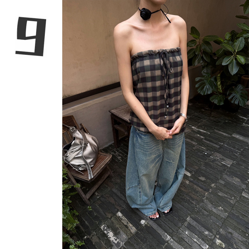 [9Hour] French-Style Plaid Lace-Up Sleeveless Tube Top for Women, Summer Hot Girl Pure Desire Loose Backless Top M5712