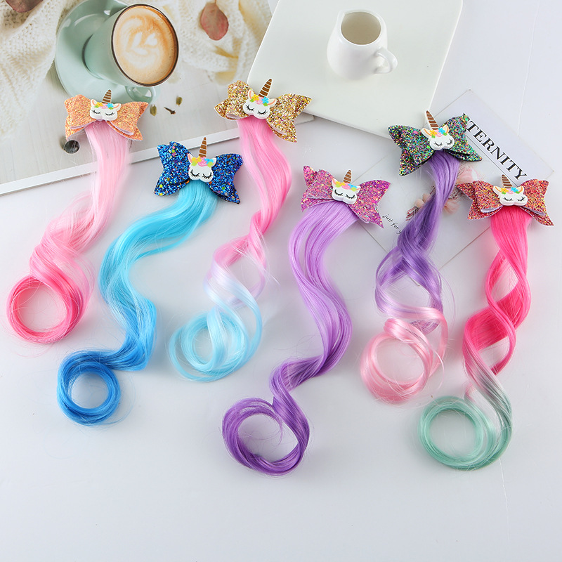 Fábrica DE LOS NIÑOS unicornio horquilla niñas arco brillante trenzado rizado peluca extensión del pelo princesa Dress Up