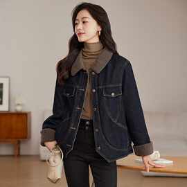 加绒牛仔外套女2024秋冬新款小个子短款派克服夹克上衣保暖棉衣服