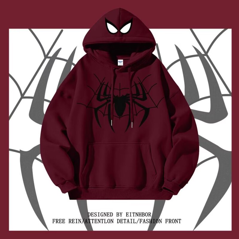 New American Retro hiphop Spider-Man Hooded Sweatshirt for Men and Women Autumn and Winter Loose Fashionable Couple Jacket