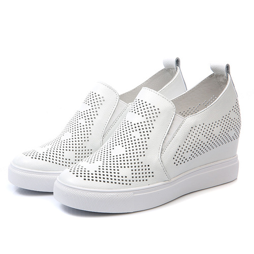 Inner height-increasing white shoes for women 2024 new hollow loafers wedge single shoes thick sole casual lazy shoes genuine leather
