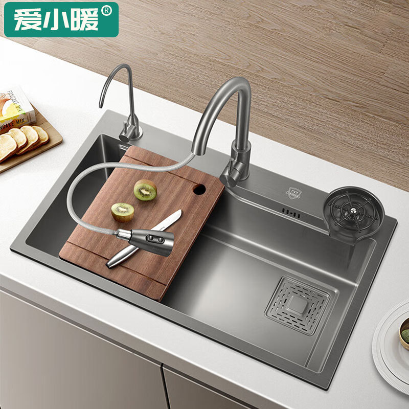 Large Single-Slot Kitchen Sink Made of 304 Stainless Steel, Thickened Nano Dishwashing Basin, Under-Counter Basin in a Light Luxury Style