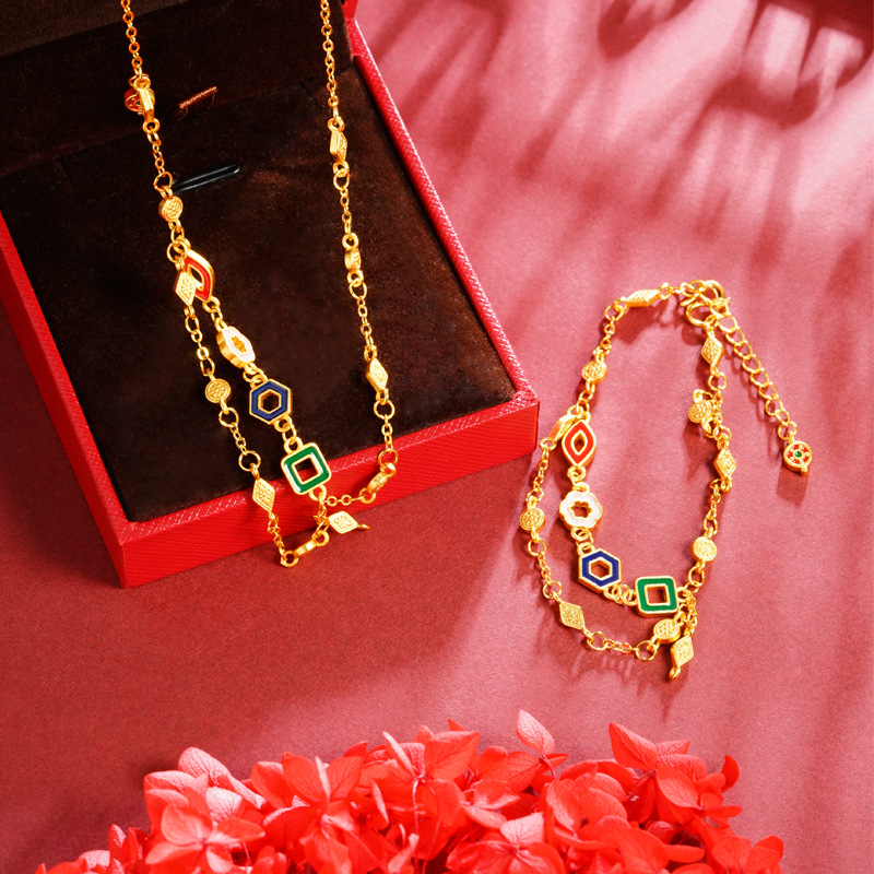 Pulsera de oro de arena antigua, diseño de nicho, cadena de doble capa, collar geométrico de color, joyería retro de larga duración