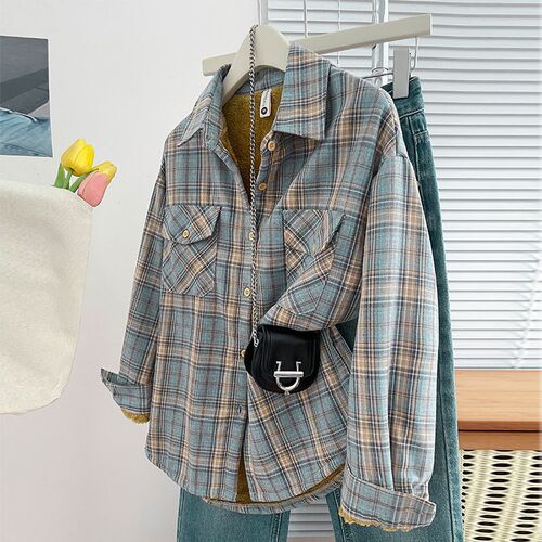 Retro sanded long-sleeved velvet lazy thick warm plaid shirt coat shirt loose new large size top