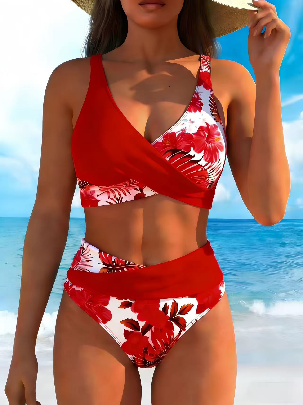 Bikini Set Mit Tropischem Blumenmuster Und Überkreuz Design_voghion.com