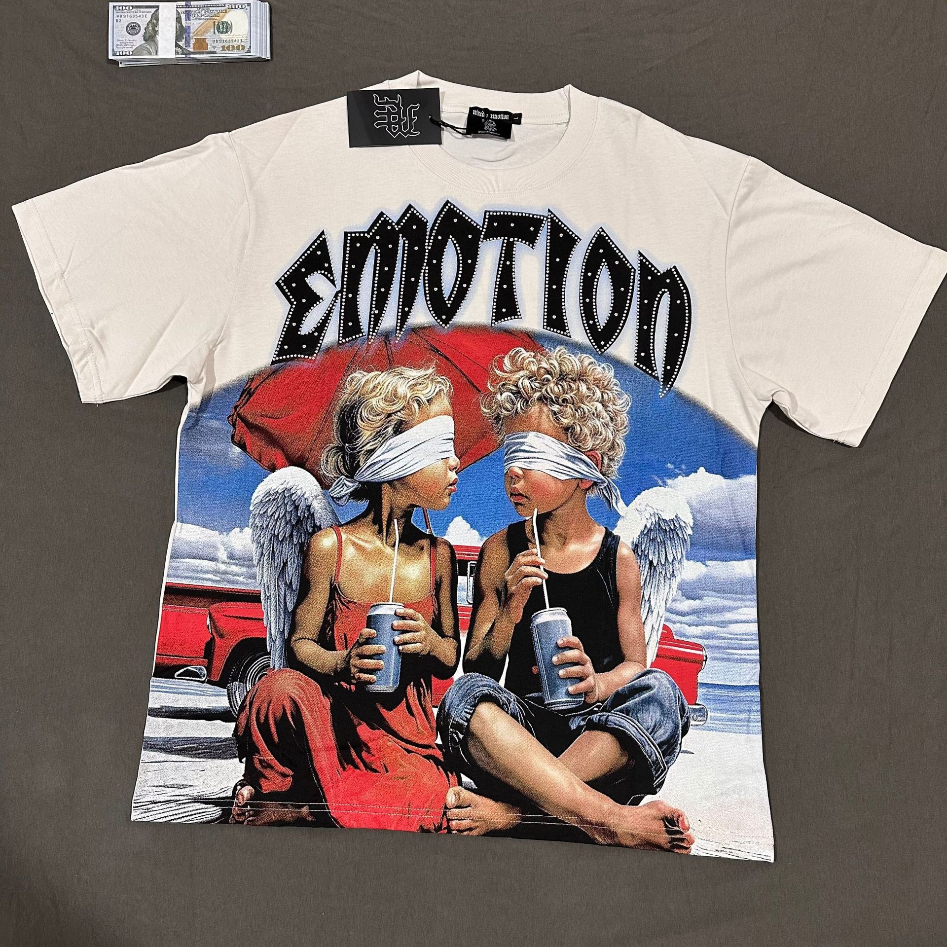 Transfronterizos MIXED EMOTION Ángel Impresión extraterrestre camiseta de hombre y mujer callejera de diamante de cuello redondo de manga corta