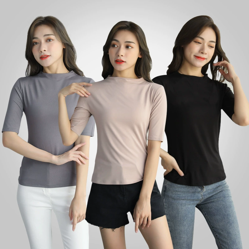 Футболка с коротким рукавом, женская летняя Базовая рубашка со средним рукавом и высоким воротом, новинка 2023 года, тонкая Модальная Базовая рубашка со средним рукавом, приталенный интерьер