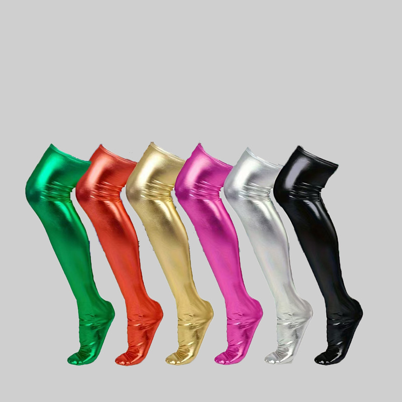 Cross-Border European and American New Style Simple and Fashionable Elastic Slim Fit Leather Socks Glossy and Shiny Wholesale Boneless