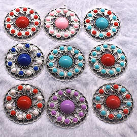 合金镶嵌绿松石圆形平底花牌藏式服饰配饰鄂温克族民族风项链挂件