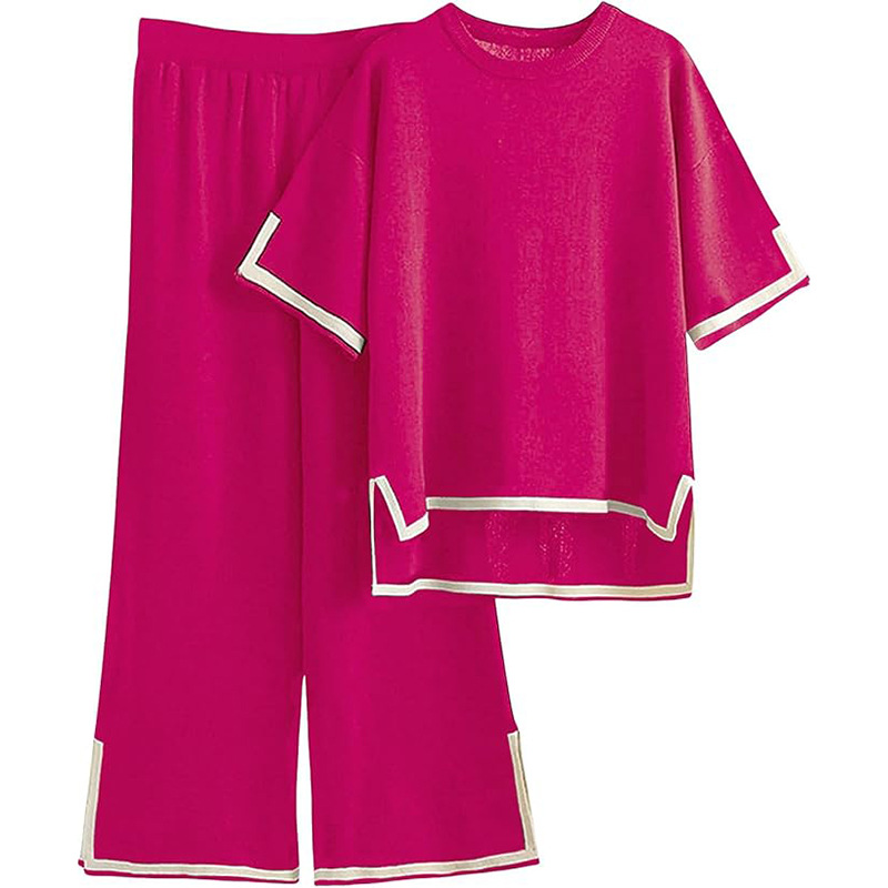 Women's Pant Set Two Piece Color Block Short Sleeve Wide Leg Trouser_voghion.com