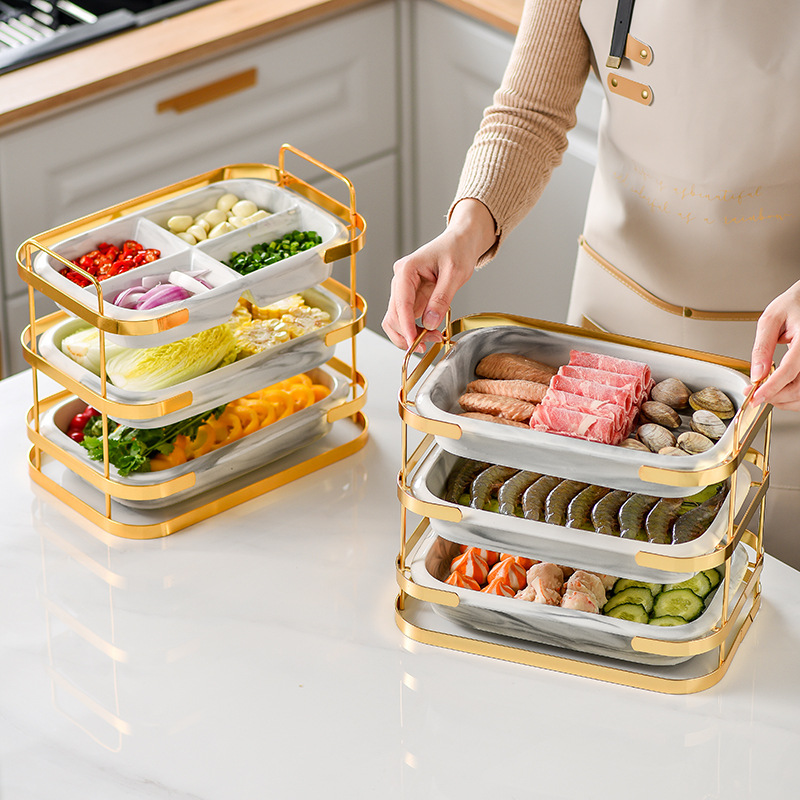 Cocina multi-funcional plato multi-capa bandeja de almacenamiento de hierro bandeja de cocción de cerámica creativa olla caliente bandeja de cocción plato de sopa