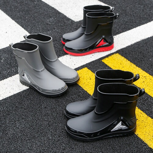 Men's New Fashion Slip-on Rain Boots Short Leg Waterproof Mid-Calf Rain Boots Short Water Shoes with Fleece Work Outdoor Cross-border