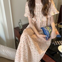 韩国ins女韩版甜美小清新田园碎花软绵双纱慵懒风短袖家居服睡裙